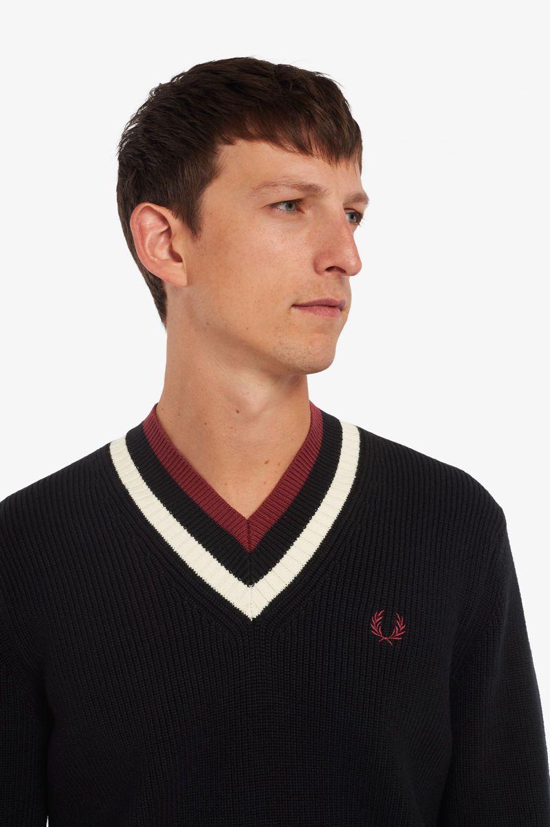 Black Fred Perry Striped V-Neck Jumper Men's Knitwear | PH 1322ZUTG